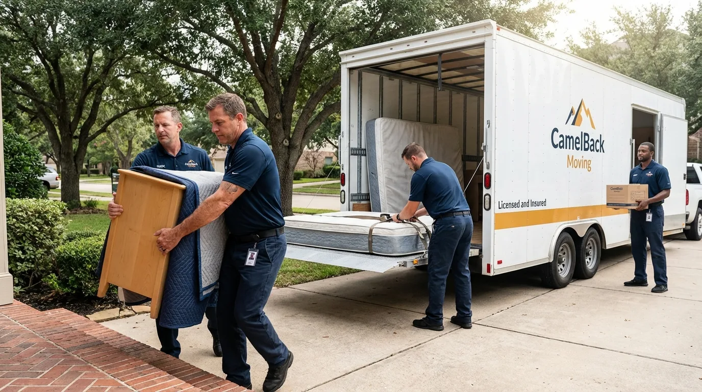 Crew loading residential truck for cross-state move from North English, IA