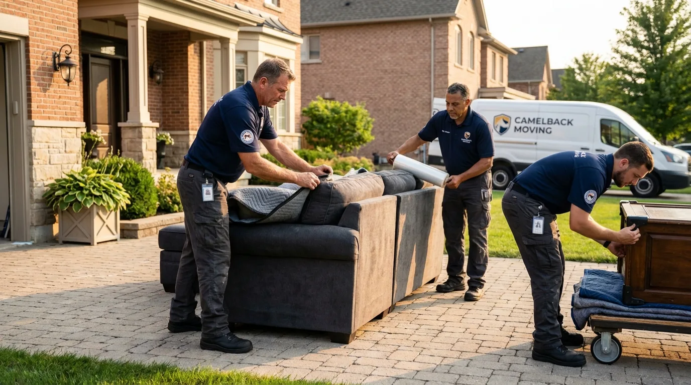 Large estate moving crew wrapping furniture in North English, IA
