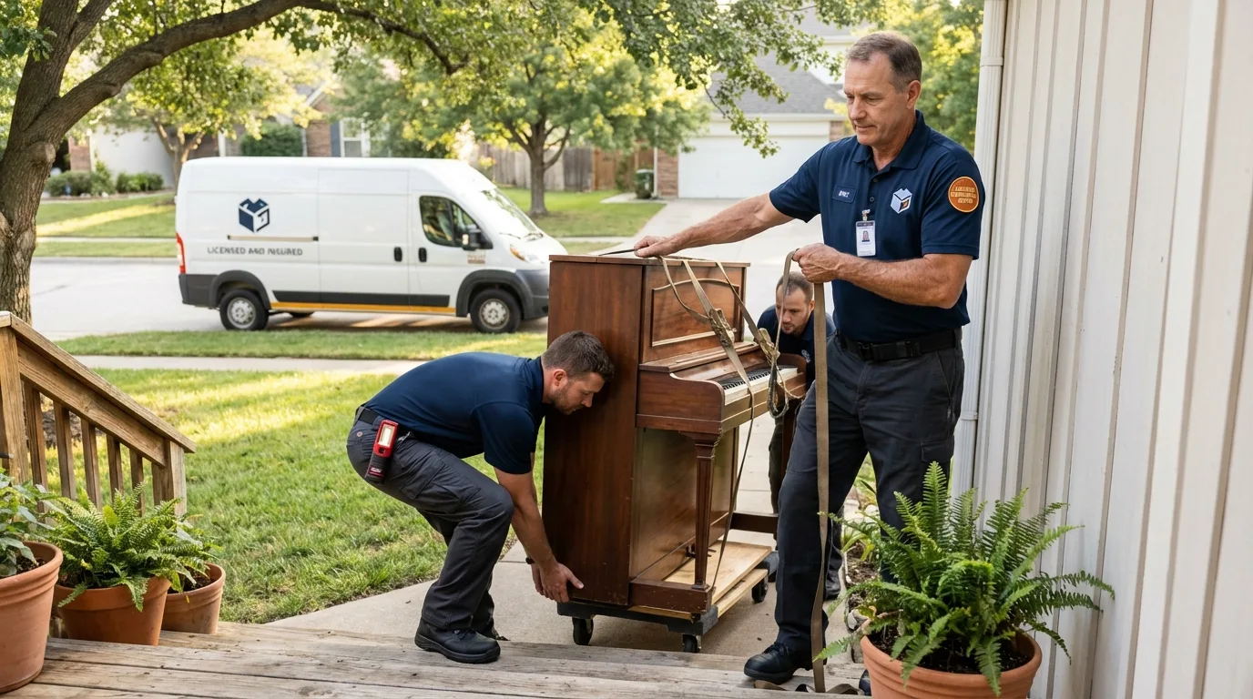 Licensed piano movers securing grand piano in North English, IA