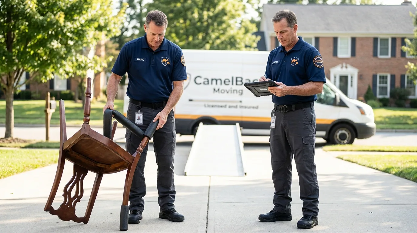 Movers inspecting furniture for damage prevention before loading in North English, IA