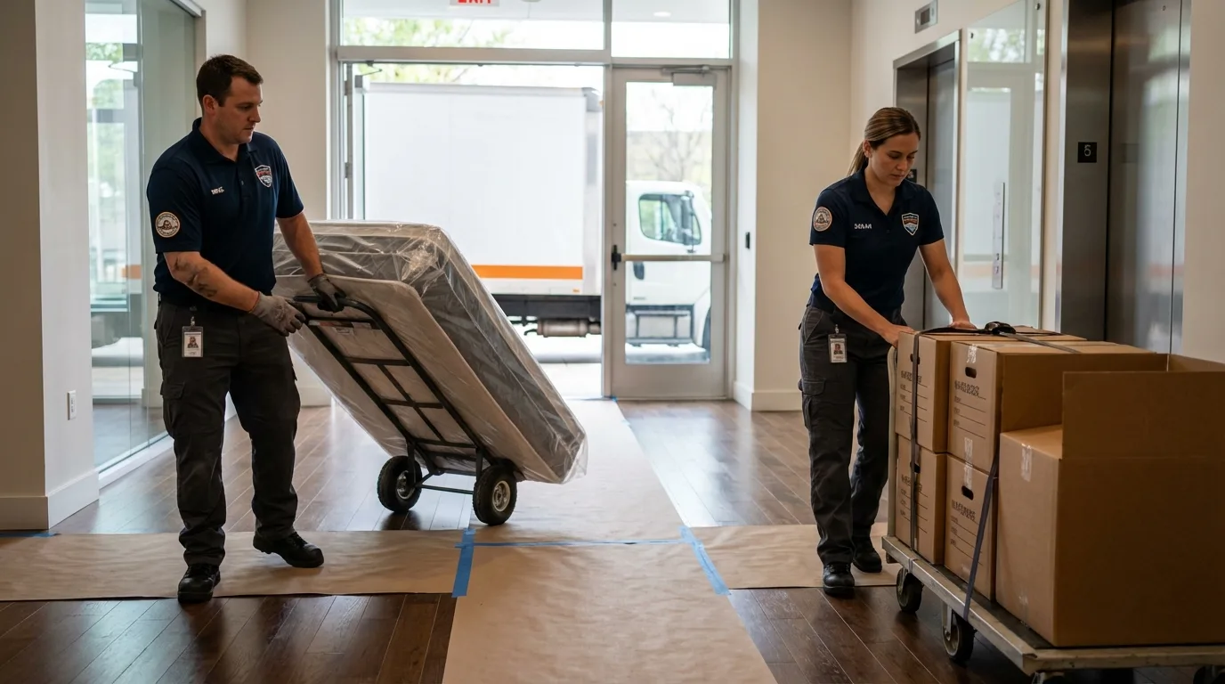 Professional apartment movers loading elevator in North English, IA