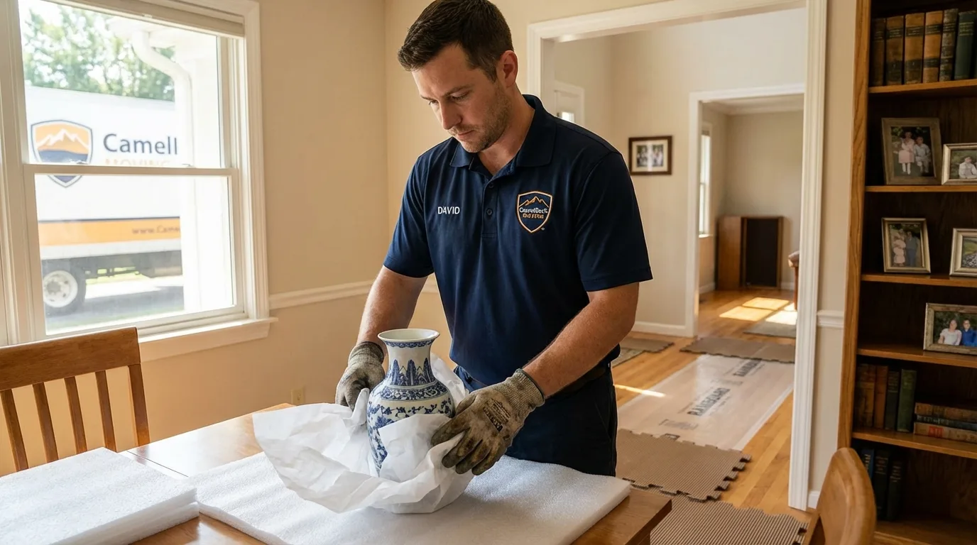 Professional crew carefully wrapping antique vase for senior downsizing move in North English, IA