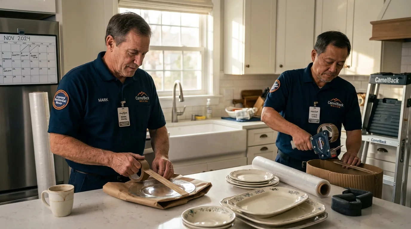 Professional crew packing kitchen dishware in North English, IA